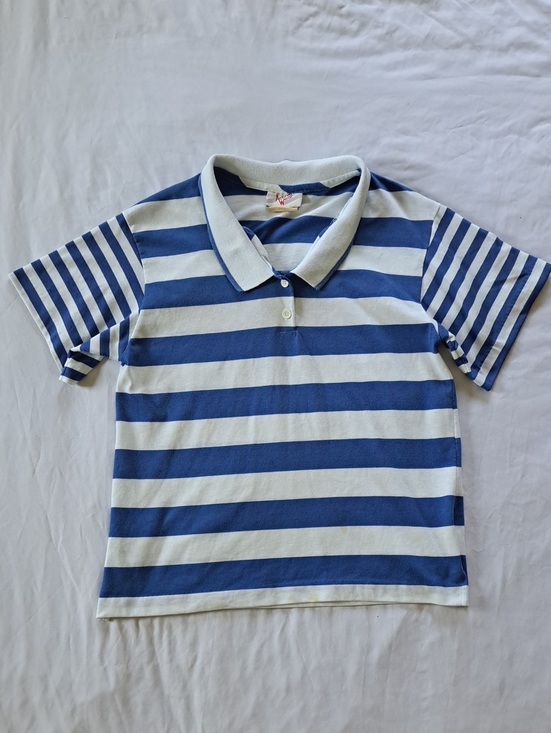 Sears Tops - Vintage Sears 1970s Blue & White Striped Preppy Collared Polo Shirt Size M